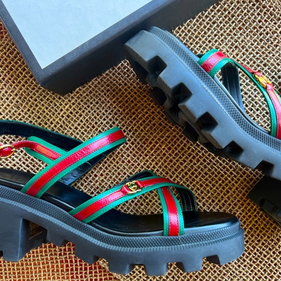SOLD - Gucci Green/Red Leather Block Lug Heel Sandals Size 40 Quentin - Picture 6 of 10